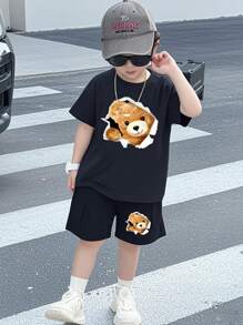 2 Stücke/Set Kleinkind Jungen Lässig süßer Bär Muster Kurzarm T-Shirt + Shorts Set