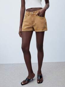 Maija Women's Relaxed Fit Embroidered Denim Shorts, Casual Vacation & Back To School - Khaki - View 2