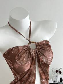 Elamini Regata casual feminina sem mangas com estampa paisley, azul marinho, para férias - Castanho Café - Ver 6