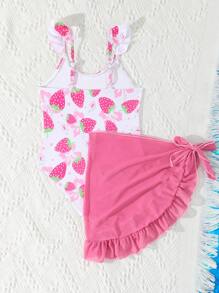 1件装女童碎花印花连体泳衣，带网纱裙摆，草莓图案，女童草莓泳衣，儿童草莓泳衣，草莓泳装，儿童连体泳衣带裙摆，儿童夏季假期 - 粉色 - 查看 2