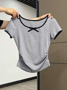 SHEIN Women Ruched Side Short Sleeve T-Shirt With Bow, Fitted Style, Summer - Grey - View 1