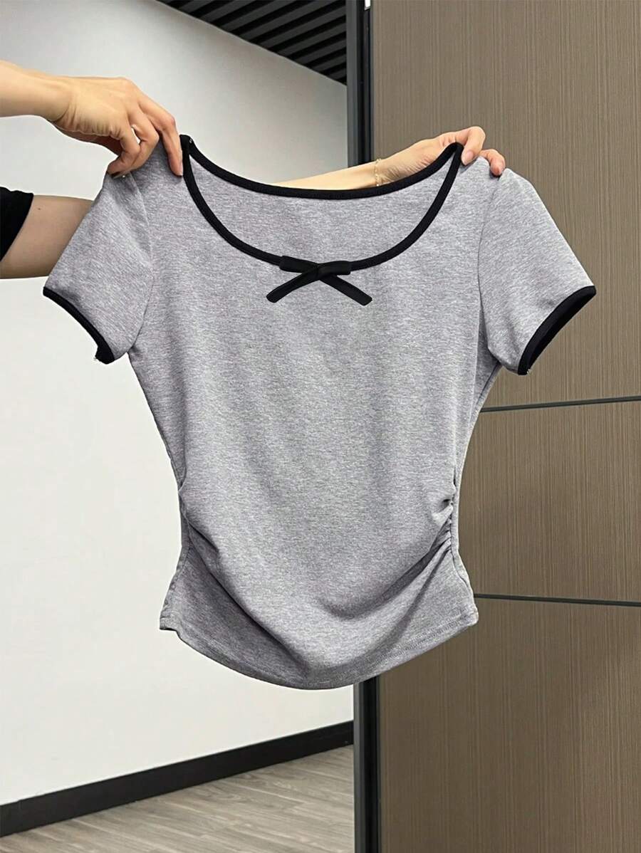 SHEIN Women Ruched Side Short Sleeve T-Shirt With Bow, Fitted Style, Summer - Grey - View 1