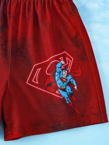 SUPERMAN X SHEIN Conjunto de 2 piezas de camiseta de manga corta con estampado gráfico de superhéroe teñido anudado y pantalones cortos para niño, de verano - Rojo - Ver 6