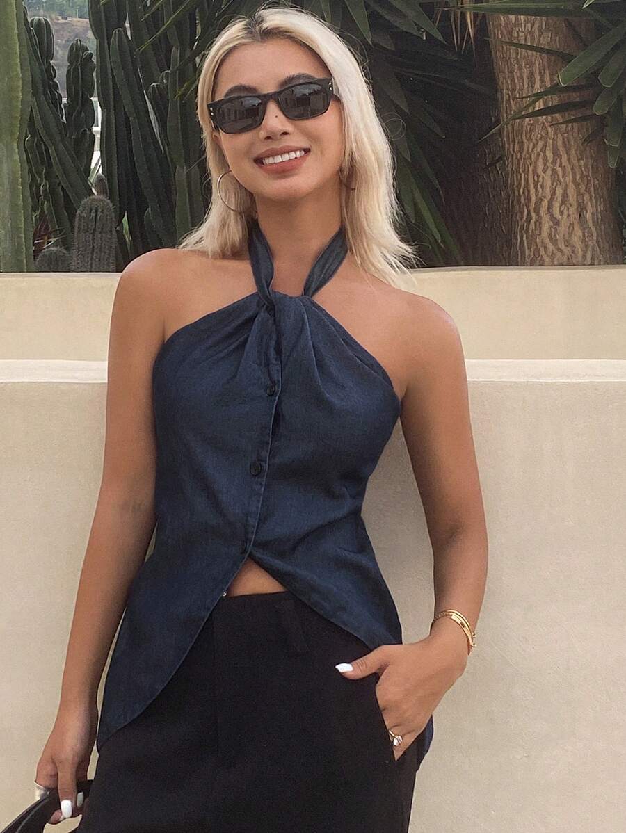 Livesso 女式露背系带前无袖休闲牛仔衬衫，夏季 - 深色水洗藍 - 查看 1