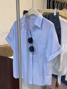 INAWLY Casual Loose Striped Short Sleeve Shirt