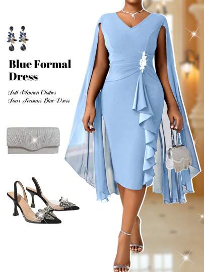Fleurora Plus Size Women's Spring And Summer Elegant Cape Structured Blue See-Through Formal Evening Dress Fall Women Clothes Four Seasons Blue Dress Summer Outfits