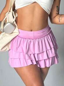 Easithlete Quần thể thao mùa hè xếp nếp nhiều lớp màu trơn cỡ lớn dành cho nữ - Hồng - Xem 1