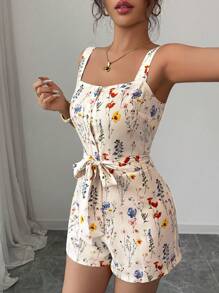 Rafferiza 橙色多巴胺花卉数码印花女式连体衣，时尚百搭假日装 - 杏色 - 查看 5