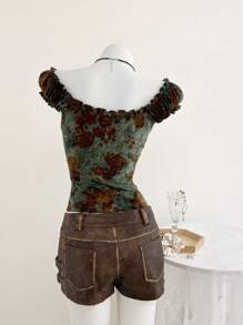 Elamini Women's Summer Western Music Festival Vintage Flocked Floral Square Neck Ruched Short Sleeve T-Shirt - Green - View 2