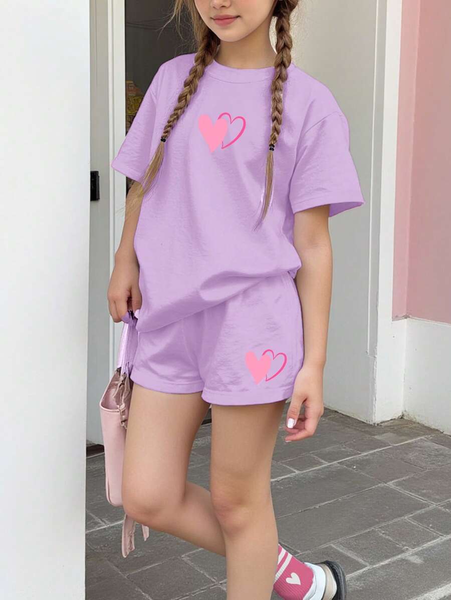SHEIN Leap Crew 2pcs Tween Girls Casual Simple Short Sleeve Shorts Set, Suitable For Summer - Mauve Purple - View 1