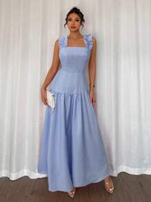 Elenzga Strappy A-Line Dress With Frill Trim, Blue & White Striped, Cinched Waist, Elegant French Country Style For Spring/Summer Holiday/Beach