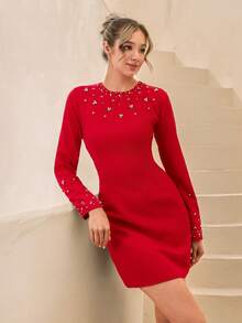 EURMUSE Robe élégante au design spécial élégant, avec décoration diamant, manches longues, coupe parfaite - Rouge - Voir 5