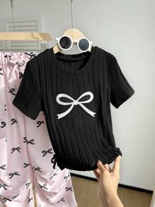 2pcs/Set Tween Girls Casual Street Style Cute Bow Knitting T-Shirt & Pink Bow Cargo Pants Set - Multicolor - View 4