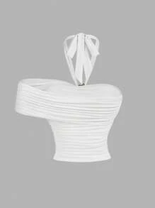 SHEIN MOD Blusa elegante de mujer con adorno metálico asimétrico y cuello halter, ideal para Año Nuevo, vacaciones, Nochevieja, salir - Blanco - Ver 2