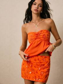 Poéselle Women's Elegant Sequin Embroidered Bandeau Top And Mini Skirt Set, Summer