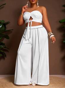 Slaydiva 2025 Spring Summer New White All White Outfit, Beach Vacation Style Matching Set, Country Concert Women Plus Size 2-Piece Set With Bustier, Tie Waist And Embroidered Details - White - View 4