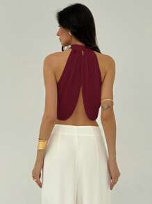 Aloruh Chiffon Urlaubs-Freizeitmode Kreuzausschnitt Rüschenrücken Knopf-Elegantes, sexy Damen Hemd - Bordeaux - Übersicht 2