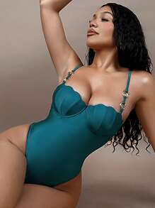 Swim SXY Women's New Solid Color Shell Shaped Swimsuit With Adjustable Strap, Sexy Elegant Resort Minimalist One-Piece For Summer Beach Vacation - Green - View 2