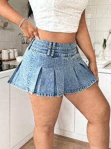SHEIN ICON Váy Mini Denim Đen Cỡ Lớn, Eo Thấp, Ôm Vừa, Xếp Ly - Rửa nhẹ - Xem 6