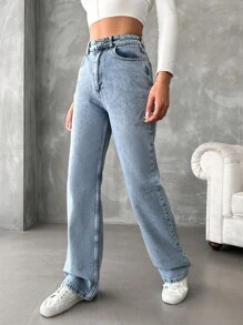 High Waist Straight Leg Jeans - Light Wash - View 4