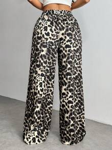SHEIN PETITE Women's Leopard Print Woven Waistband Patchwork Wide Leg Street Trousers Pants - Multicolor - View 2