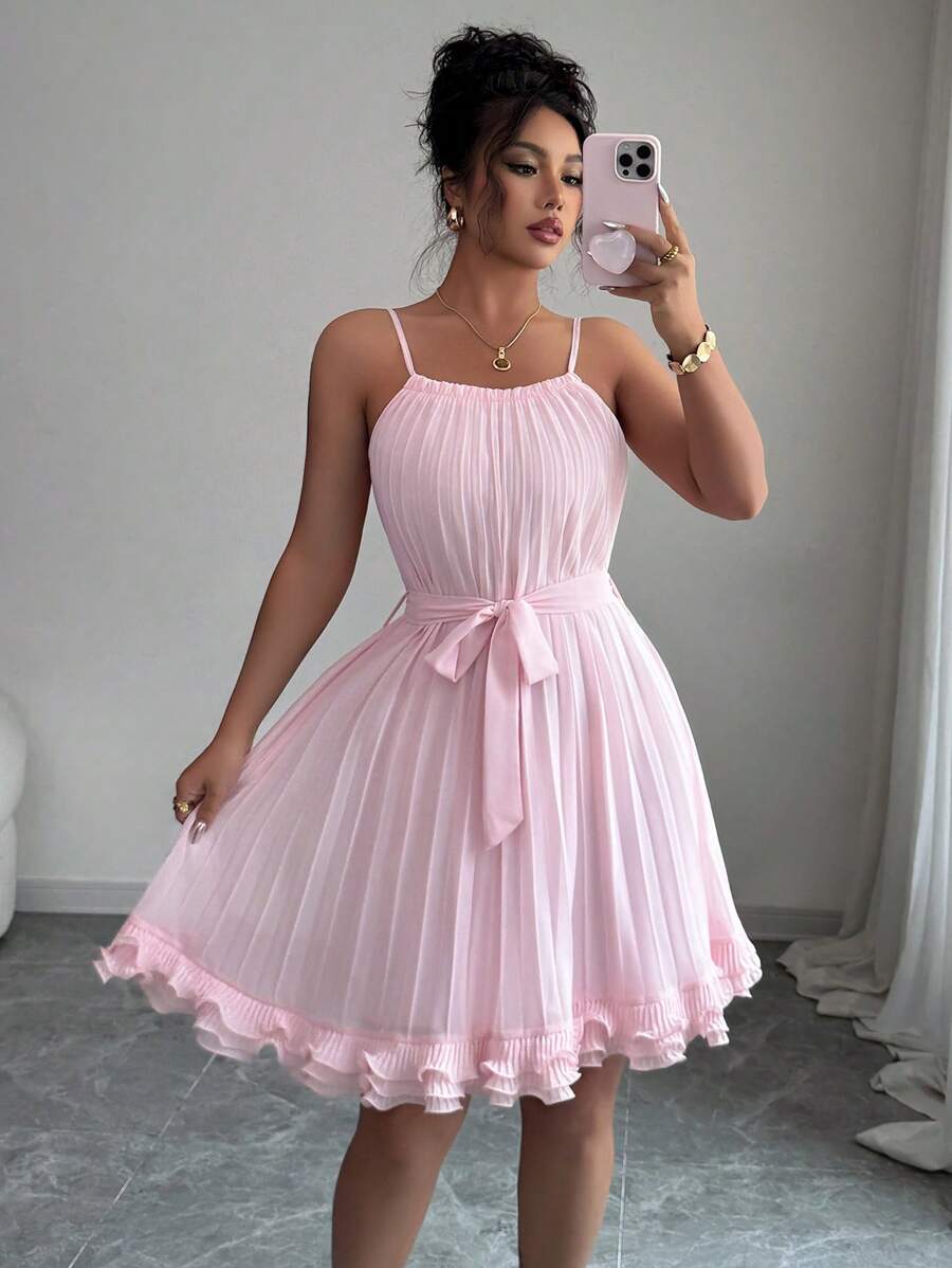 SHEIN Elenzya Sleeveless Square Collar Strap Waisted A-Line Pleated Ruffled Hem Elegant Romantic Women Dress - Pink - View 1