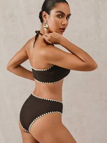 SHEIN Swim 3件組夏季度假海灘純色提花布料套裝（2件上衣 + 1件泳衣），手工鉤編邊飾簡約風女款比基尼 - 咖啡棕 - 查看 2