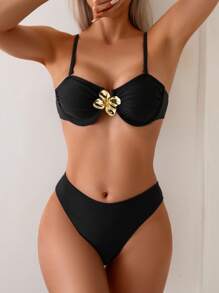 Swim Chiccia 2 件女式金属花朵装饰聚拢分体泳衣套装，高腰修身，休闲海滩度假泳装，适合春夏季