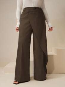 Anewsta 不对称美式宽松飘逸高腰加大码西装裤，修身百搭 - 棕色 - 查看 6