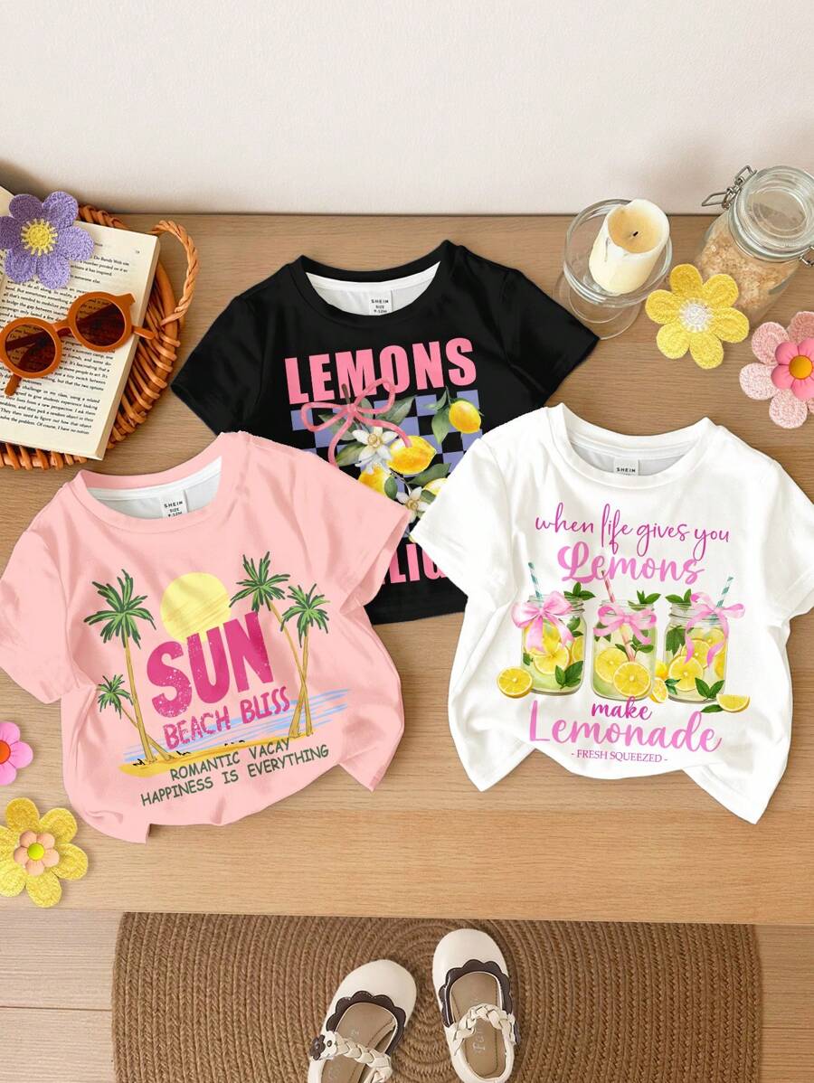 SHEIN 3pcs/Set Baby Girls Black And Pink Summer Casual Vacation Holiday T-Shirts,Round Neck Short Sleeve Island Prints,Palm Tree,Sunset,Bow,Lemon Drink Tee - Multicolor - View 1