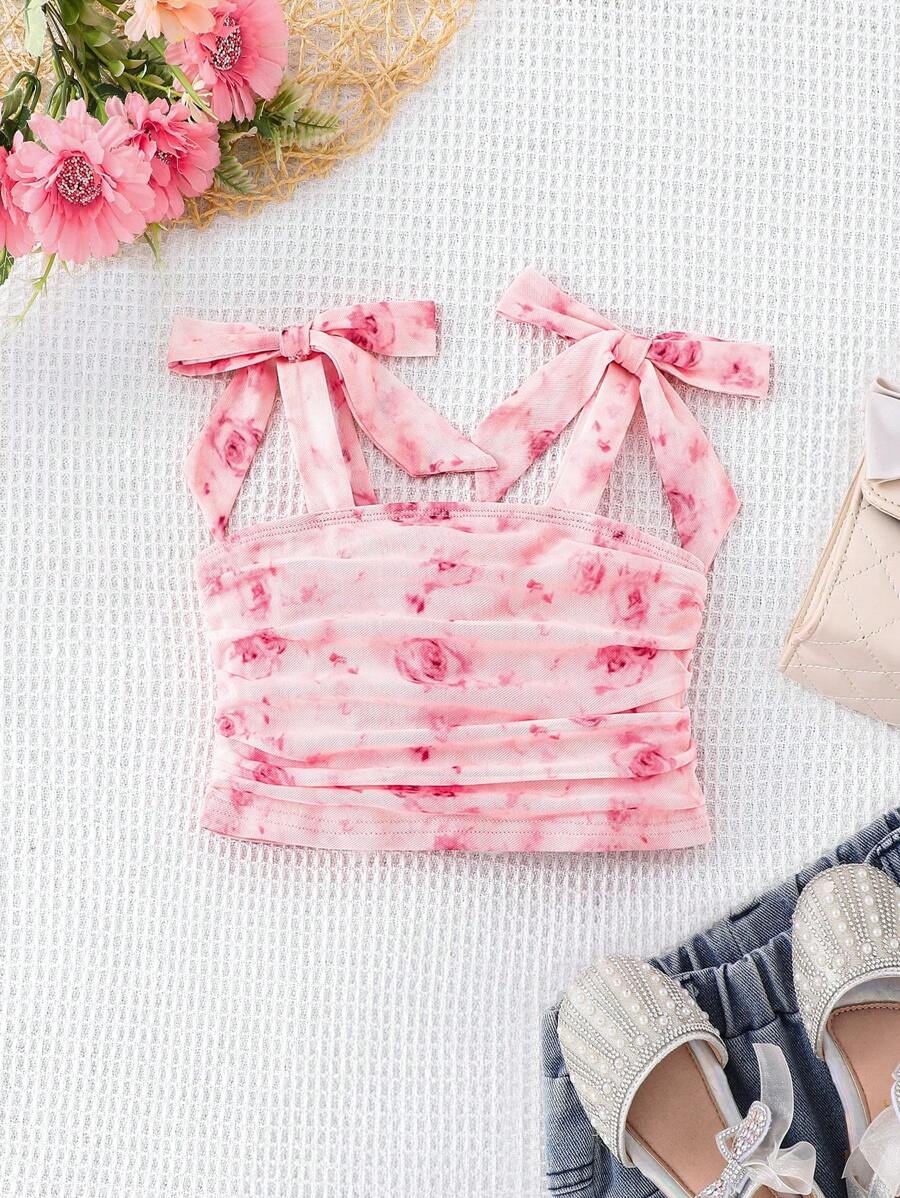 年轻女孩碎花网眼荷叶边贴身吊带背心 - 粉色 - 查看 1