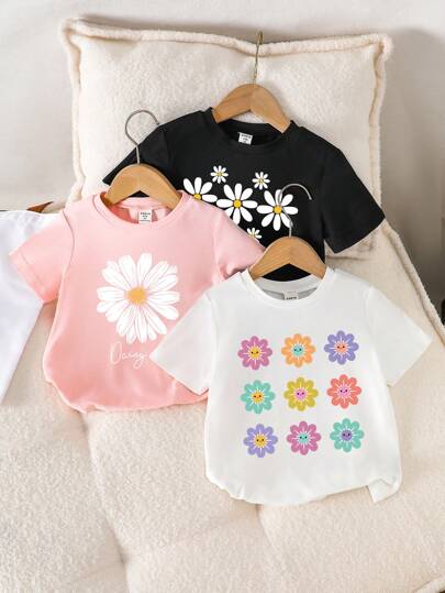SHEIN 3pcs/Pack Toddler Girls' Casual Floral Print Short Sleeve Crew Neck T-Shirts, Summer