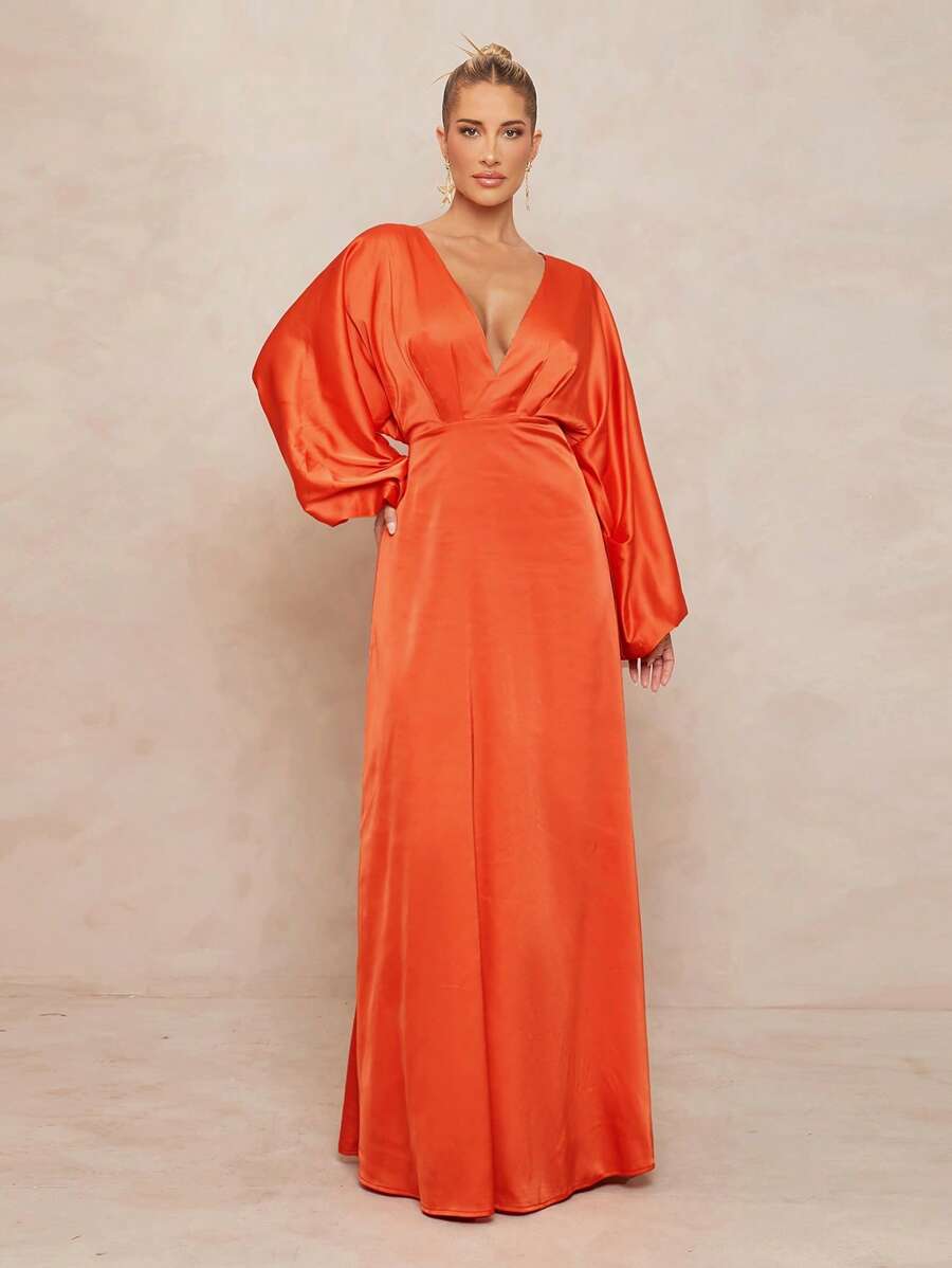 Lumalex Fall Modest Old Money Rave Festival Outfits Formal Fall Modest Old Money Glitter Sequins Summer Swimsuit Swimwear Swim Vacation Elegant Easter Bohemian BOHO Sea Beach Hot Outdoor Richly Layered Wedding Season Banquet Coming Of Age Ceremony Beach Seaside Women's Solid Deep V-Neck Lantern Sleeve Fashion Sexy Dress - Orange - View 1