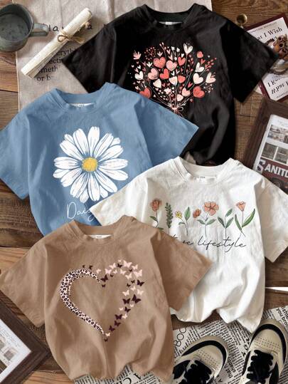 SHEIN Paquete de 3 camisetas de manga corta y cuello redondo casuales y llanas para niñas preadolescentes, adecuadas para el verano