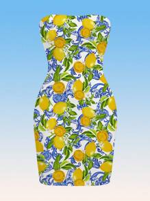 SHEIN SXY Vestido mini ajustado de verano para mujer, de estilo casual y sexy, con estampado minimalista tropical de limones, para usar como vestido o cubrecostado en la isla o en la playa