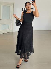 Dazy Plus 加大码松紧腰蕾丝超长美人鱼裙，优雅黑色，秋季返校服装 - 黑色 - 查看 4