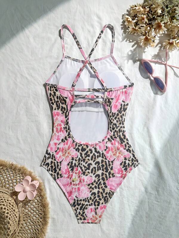 SHEIN Teen Girl Blue Ditsy Floral One-Piece Swimsuit With Spaghetti Straps And Open Back Design, Suitable For Teenagers