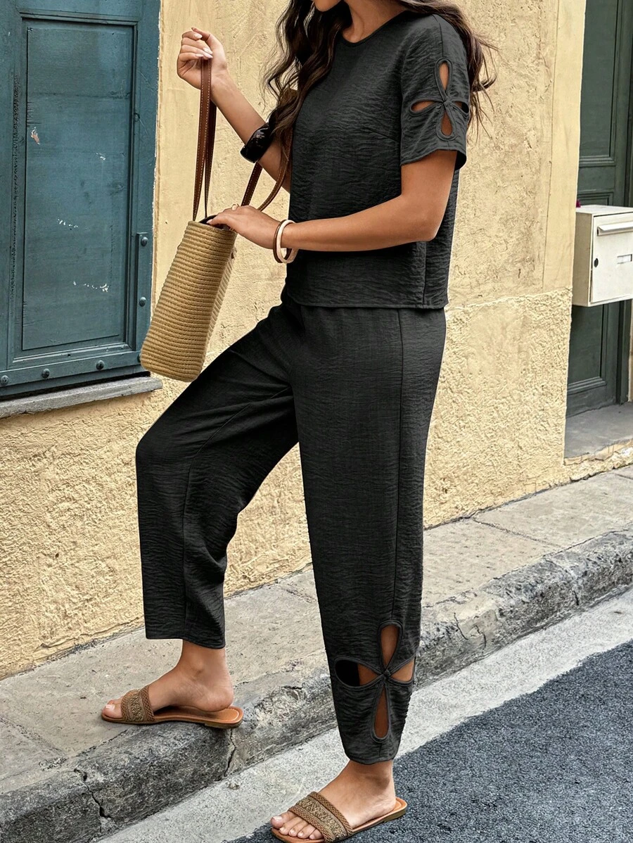 Breezaya Bộ 2 món dành cho nữ: Áo cánh cổ tròn tay ngắn khoét rỗng + Quần dài thường ngày khoét rỗng - màu đen - Xem 1