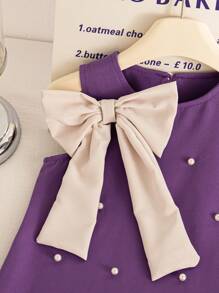 SHEIN Elladie kids Young Girl's Summer New Pearl Bow Sleeveless A-Line Ruffle Hem French Princess Style Elegant Simple Commuting Dress - Purple - View 5
