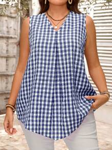 EMERY ROSE Áo sơ mi kẻ caro không tay cỡ lớn thường ngày phong cách Bohemian dành cho nữ Áo sơ mi mùa hè Áo gingham không tay Áo gingham dành cho nữ Áo gingham cỡ lớn - Màu xanh hải quân - Xem 5