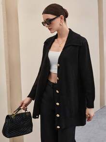 EURMUSE Áo len cardigan dệt kim cổ polo cài nút phía trước dáng rộng thanh lịch ấm áp cho nữ - màu đen - Xem 7