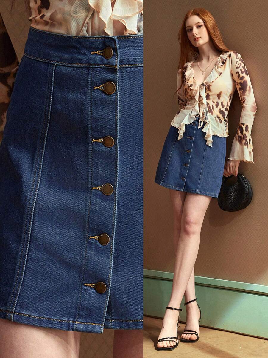 Selenza 女式单扣休闲百搭短款牛仔迷你裙