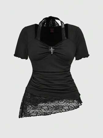 Plus Size Rhinestone Collar Lace Patchwork Ruffle Hem Fashion T-Shirt