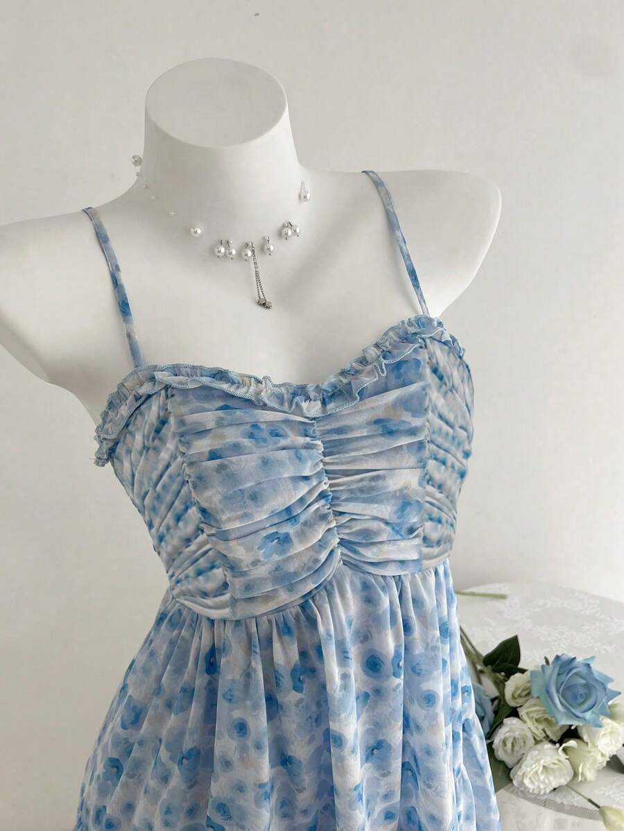 Elamini 女式休闲度假百搭时尚扎染玫瑰碎花迷你荷叶边吊带裙,春夏 - 藍色 - 查看 1