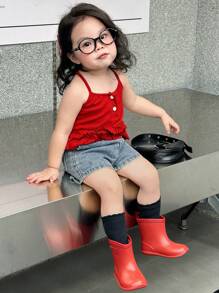 DAZY Salopetă casual din denim, cu imprimeu de inimă, lavabilă, pentru bebeluși și fetițe