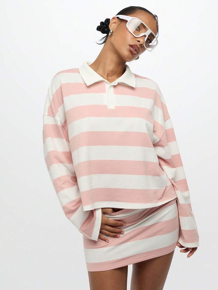 SUMWON WOMEN Oversized Striped Rugby Polo Top Long Sleeve