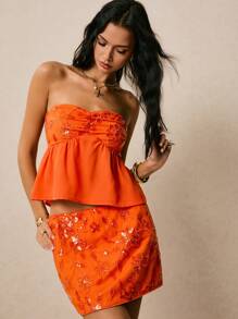 Poéselle Women's Elegant Sequin Embroidered Bandeau Top And Mini Skirt Set, Summer