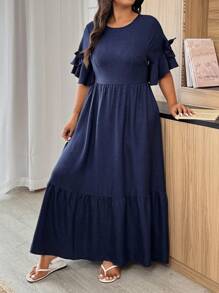 Weeklong Plus Size Women Plain Simple Short Sleeve Dress - Navy Blue - View 5