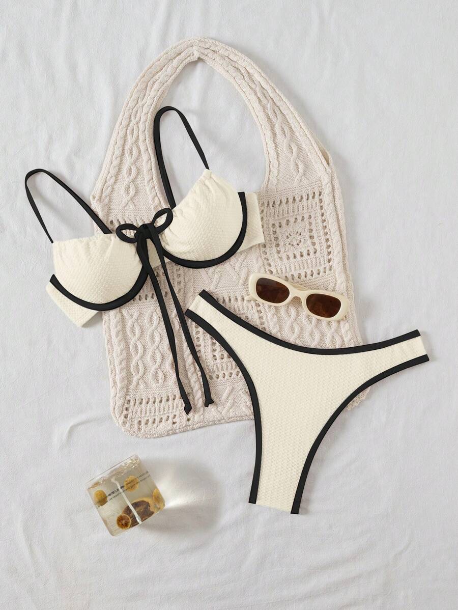 Swim Basics Women's Contrast Color Trim Twist Front Bikini Set For Summer Beach Vacation