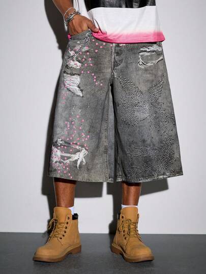 Pantaloni 3/4 in jeans da uomo con stampa grafica di strada, di moda, adatti per l'estate